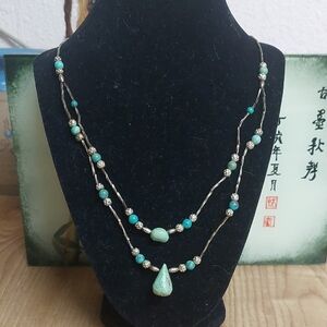 Elegant Turquoise Beaded Necklace Sterling Silver 13" Long Unusual